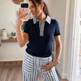Lena Contrast Collar Crop Top - Navy/Denim