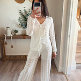 Pointelle Crochet-Knit Drawstring Sweater Pants