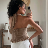 Smocked Tie-Front Halter Peplum Top