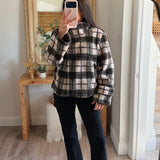 Plaid Sherpa Fleece High-Collar Button-Front Pocket Jacket