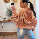 Pink Mauve Vintage Washing Double Gauze Stud Detail Hoodie Zip up