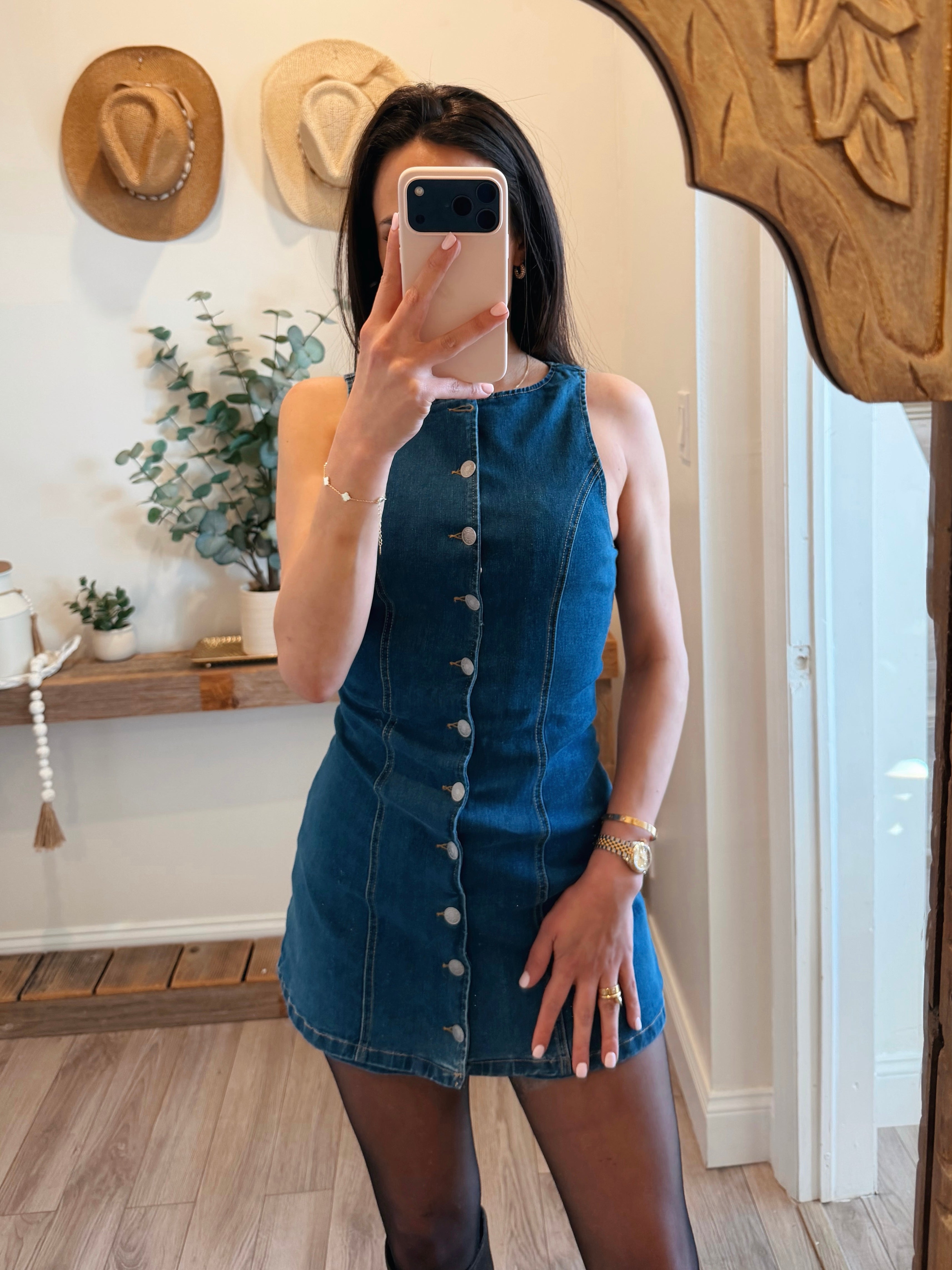 Blue Denim Boat Neck Front Button Down Mini Dress