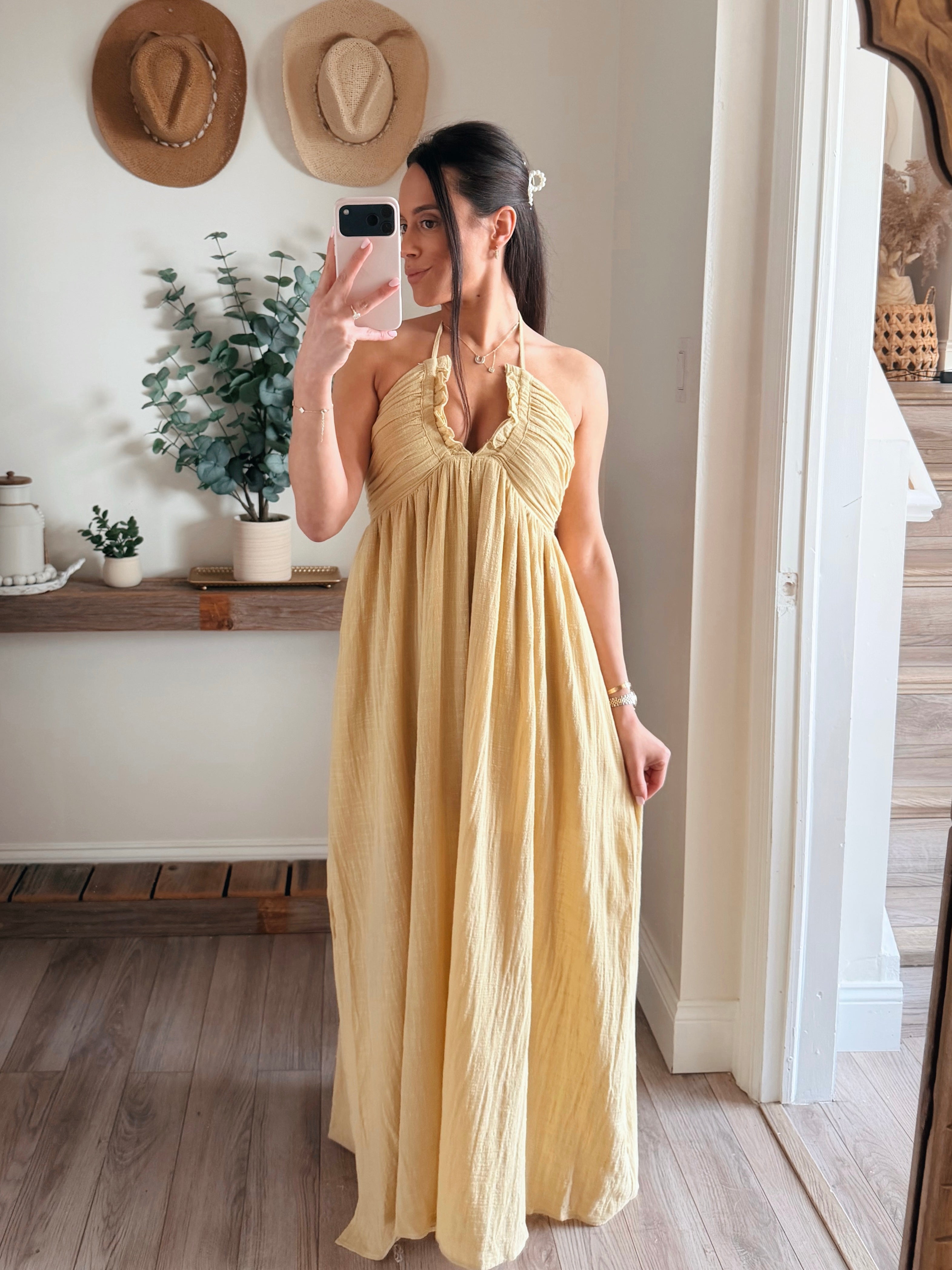 Golden Cotton Gauze Tie-Back Halter Maxi L Golden Cotton Gauze Tie-Back Halter Maxi L