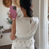 Cream Embroidery Smocking Waist V-Neck Top