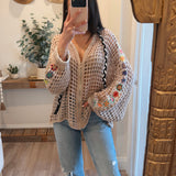 Soft Beige Balloon Sleeve Square See Through Weave Thin Sweater Hoodie