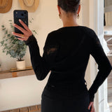 Black Lace Insert Long Sleeve Ribbed Sweater Top