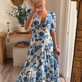 Cream/Blue Carrie Floral Puff Sleeve Maxi Dress
