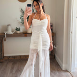 Striped Floral Lace Drop-Waist Ruched Halter Maxi Dress