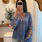 Periwinkle Balloon Sleeve Square See Through Weave Thin Sweater Hoodie