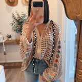 Soft Beige Balloon Sleeve Square See Through Weave Thin Sweater Hoodie