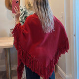 Red Maxine Fringe Knit Poncho