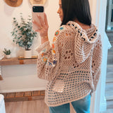 Soft Beige Balloon Sleeve Square See Through Weave Thin Sweater Hoodie