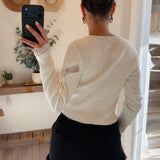 White Lace Insert Long Sleeve Ribbed Sweater Top