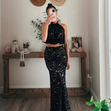 Black Lace Openback Halter Set - Top/Maxi Skirt