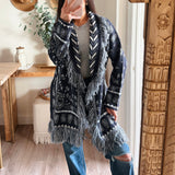 Navy Paisley Pattern Knit Open Front Shawl Collar Cardigan