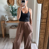 Tiramisu Textured Gauze Ruched Side Slit Pant