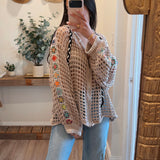 Soft Beige Balloon Sleeve Square See Through Weave Thin Sweater Hoodie