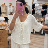 Promesa Pointelle Crochet-Knit Tie-Front Short-Sleeve Top