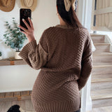 Stone/Brown Colorblock Cable-Knit Oversize Sweater Dress