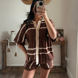 Chocolate Striped Pointelle Crochet Shorts