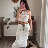 Halter Neck Openwork Contrast Edge Sweater Crop Top