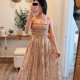 Taupe Striped Cotton-Blend Smocked Pocket Midi Dress