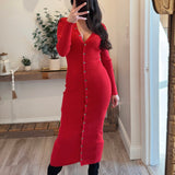 Red Ribbed Knit Button Down Cardigan Midi Dress