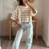 Striped Knit Boat Neck 3/4 Sleeve Loose Sweater