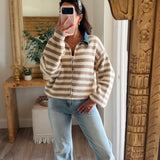 Weekender Striped Denim Collared Zip Up - Beige