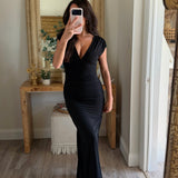 Ruched V-Neck Thigh Slit Maxi Dress