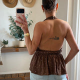 Brown Polka Dot-Print Open-Back Gathered Peplum Halter Top