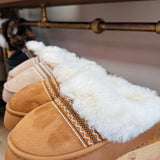 Faux Fur Suede Mule Slippers with Embroidered Trim
