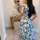 Cream/Blue Carrie Floral Puff Sleeve Maxi Dress
