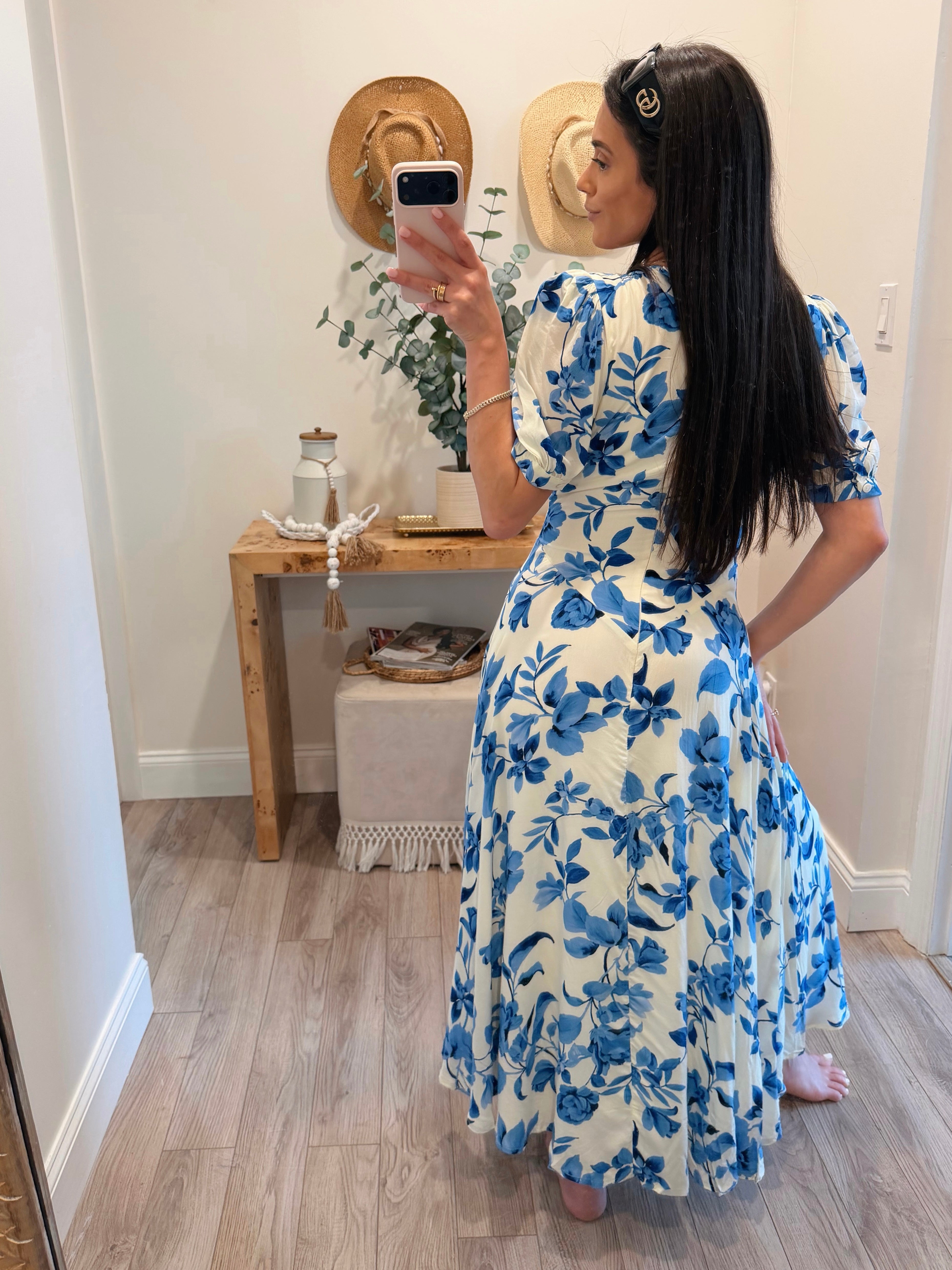 Cream/Blue Carrie Floral Puff Sleeve Maxi Dress L