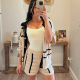 Natural Striped Pointelle Crochet Cardigan