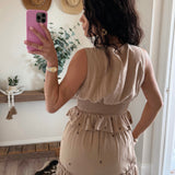 Beige Embroidery Smocking Waist V-Neck Top