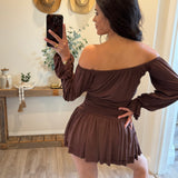 Mocha Off Shoulder Halter Mini Dress