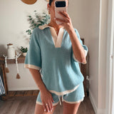 Light Chambray Striped Rib-Knit Collared Split-Neck Top