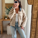 Weekender Striped Denim Collared Zip Up - Beige