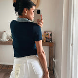 Lena Contrast Collar Crop Top - Navy/Denim