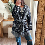 Navy Paisley Pattern Knit Open Front Shawl Collar Cardigan