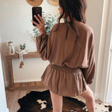 Linen Longsleeve Button and Smocked Waist Dress