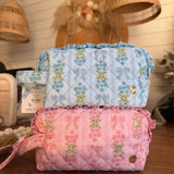 Floral Quilted Cosmetic Pouch - Pink/Blue