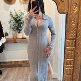 Gray Button Down Cable Knit Maxi