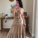 Beige Embroidery Detail Tiered Skirt