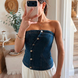 Denim Asymmetric Button Down Tube Top
