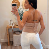 Beige Beaded Halter Knit Tank Top