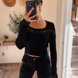 Black Lace Insert Long Sleeve Ribbed Sweater Top