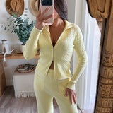 Lemon Knit Zip-Up Top & Flared Leg Pants Set