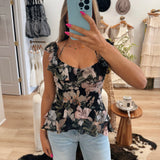 Black Floral Ruffle Hem Top